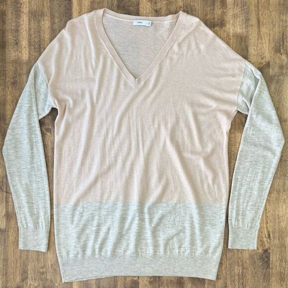 Vince Women’s Merino Wool Colorblock Easy Fit V Neck Sweater Pink Gray Sz Small - Picture 3 of 8